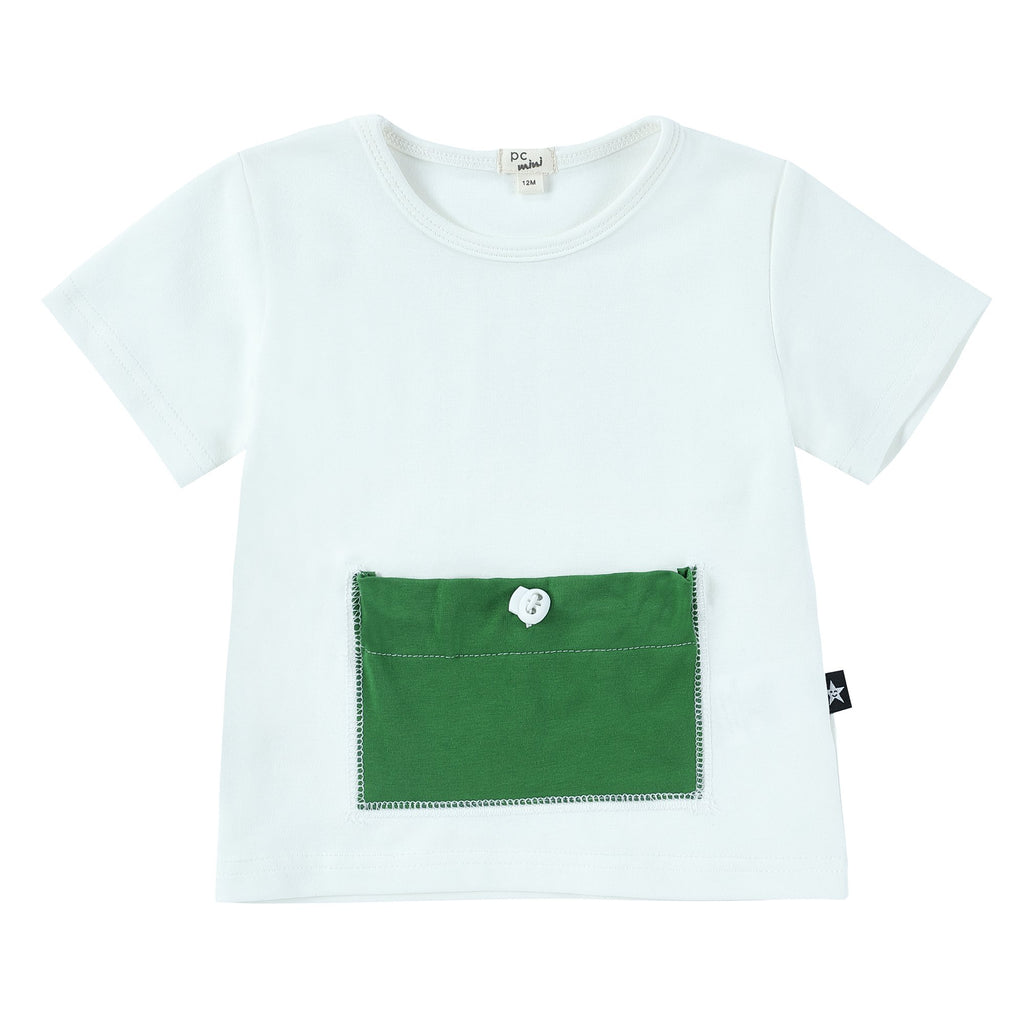 White and Green Tshirt with Toggle Pocket Detail